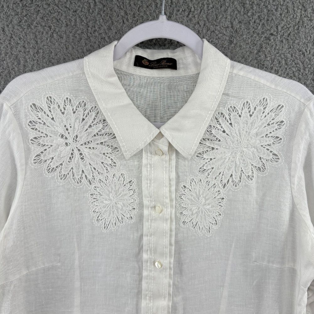 Loro Piana White Embroidered Linen Button-Up Shirt Size Large Made in Italy - Picture 3 of 10